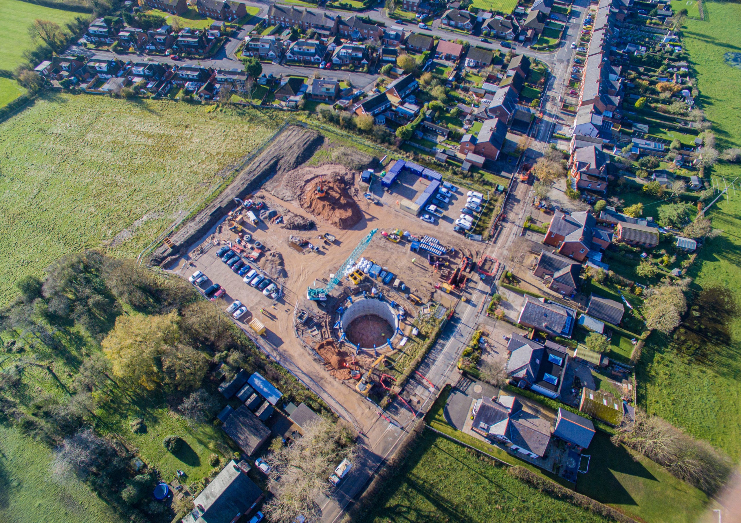 Drone footage of a wastewater improvement scheme, with a large shaft
