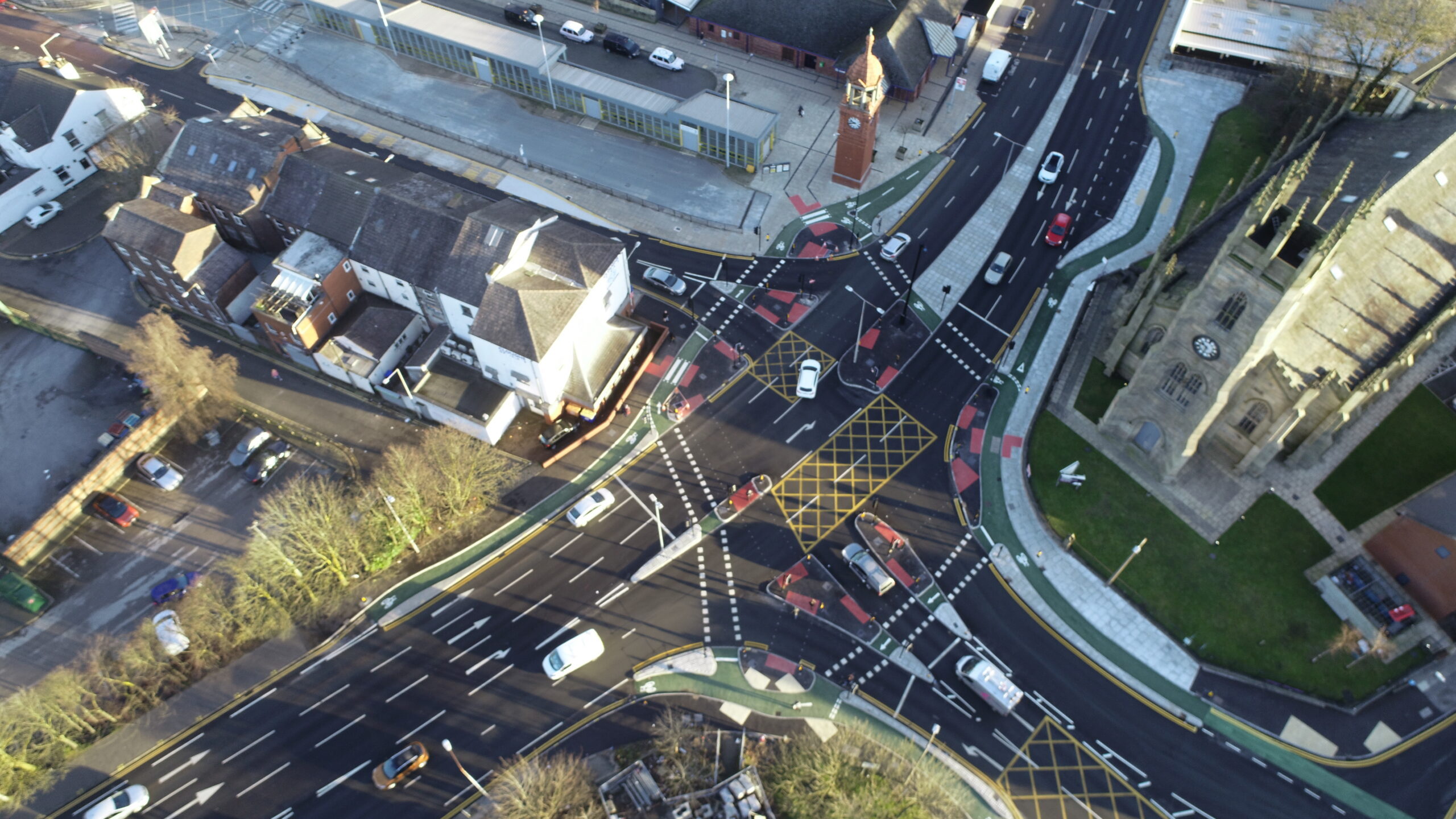 Drone footage of a highway junction with integrated cycle lanes