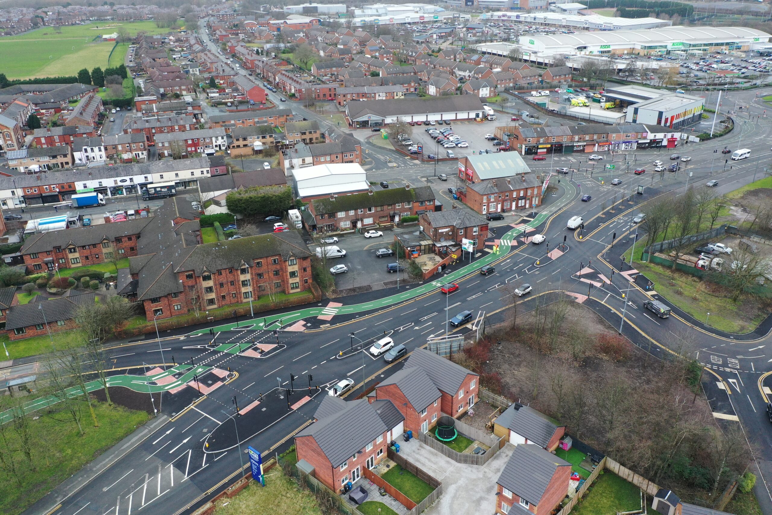 Drone footage of a highway with cycle lanes