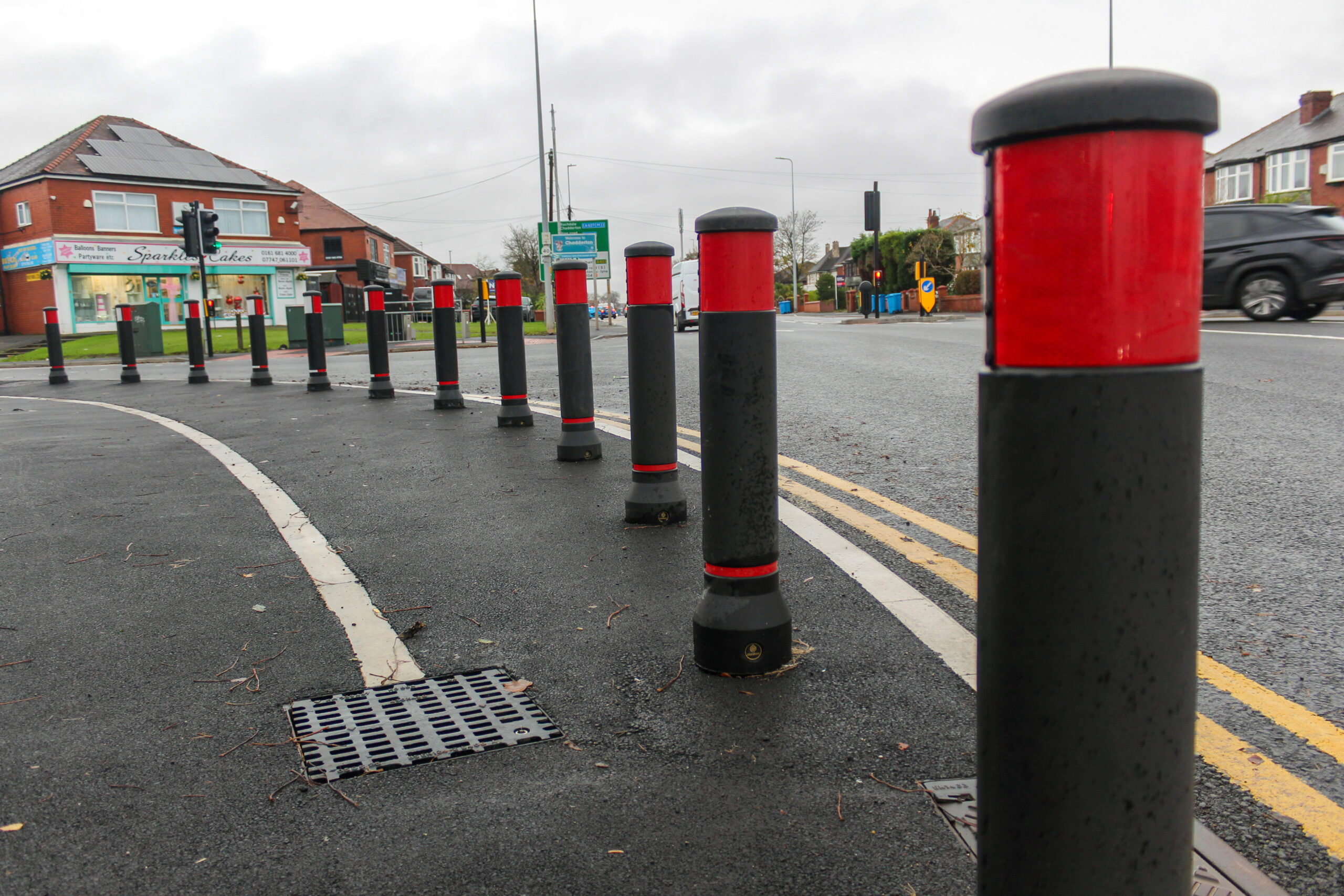 Close up of road bollards along the highway