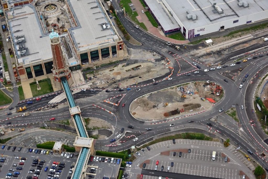 Aerial view of a Metrolink tram line under construction in Trafford